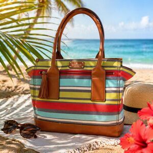 Kate Spade Linda Key West Stripe Tote Leather Tassel Summer Beach Bag